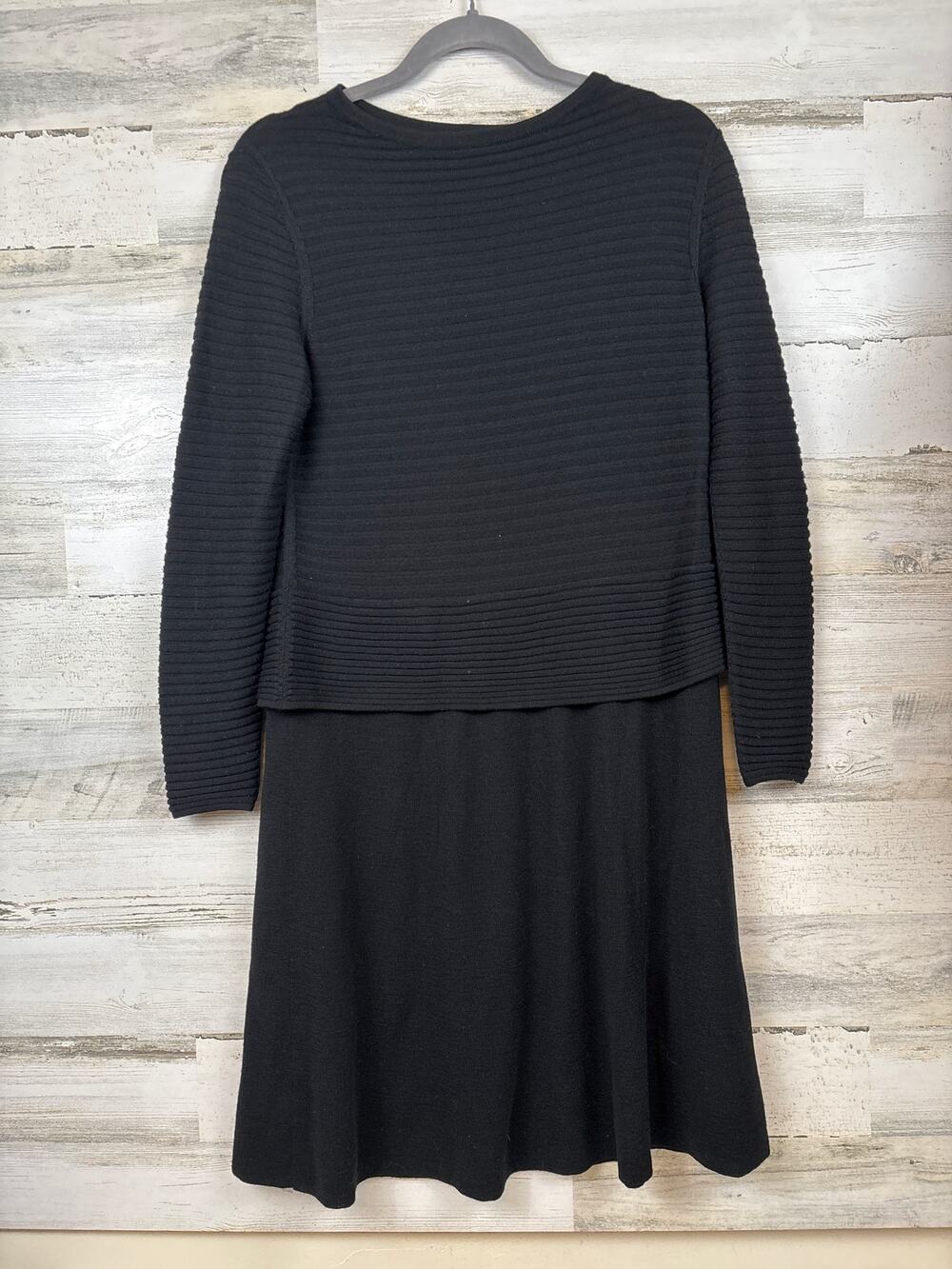 Lafayette 148 Womens M Petite Black Wool Ribbed Bodice Midi Sweater Dress Luxury